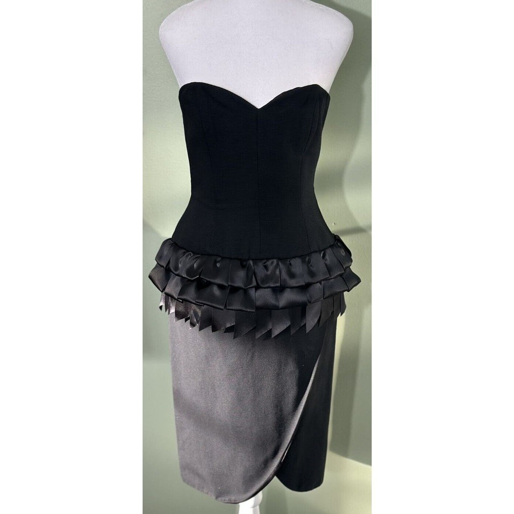 Victor Costa Dress Vintage 80’s Sz 4 Ribbon Peplum 3D Strapless Cocktail Black‌